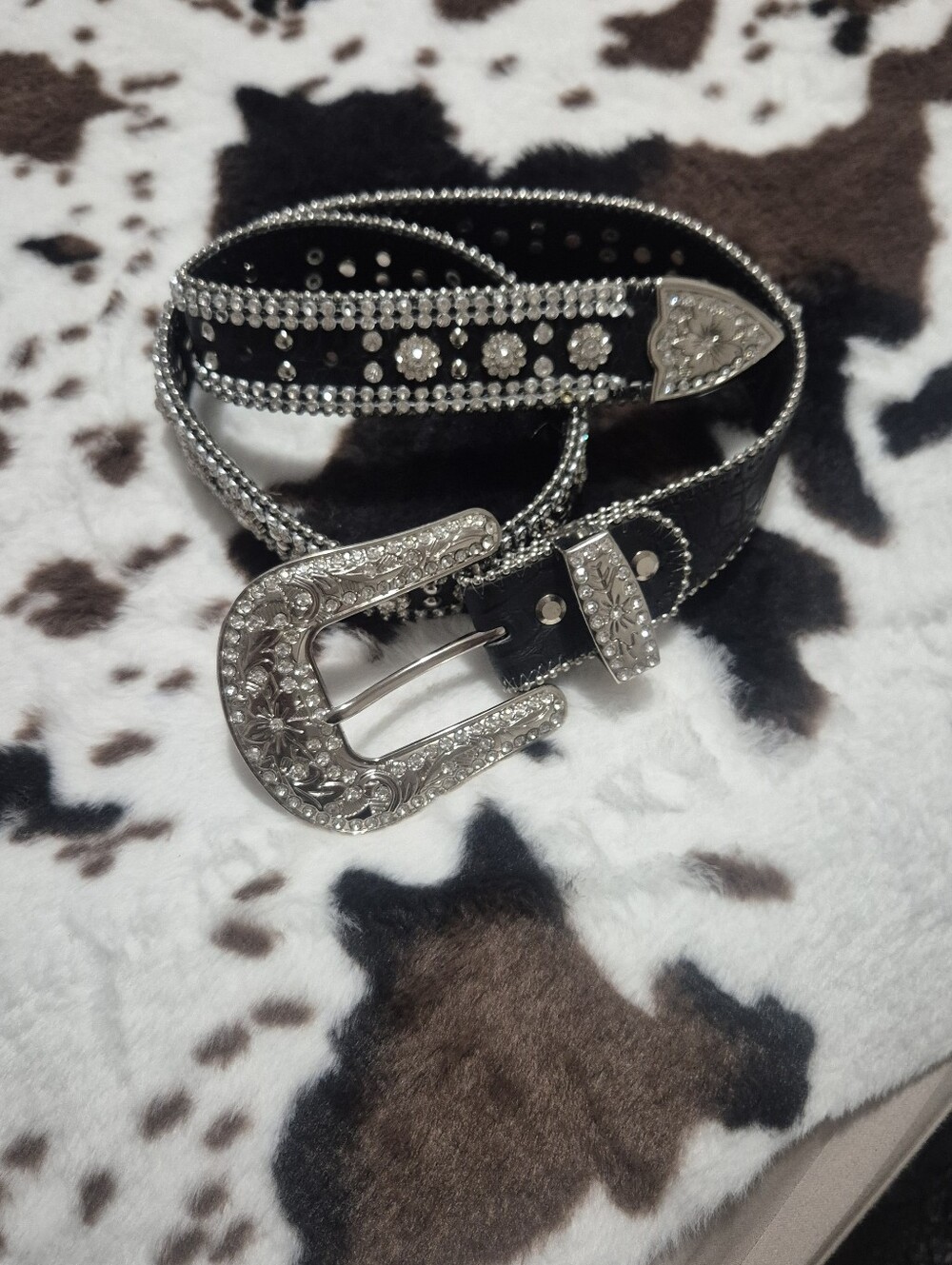 BOOT BARN Black Western-Style Belt with Decorative Silver Buckle and Rhinestones